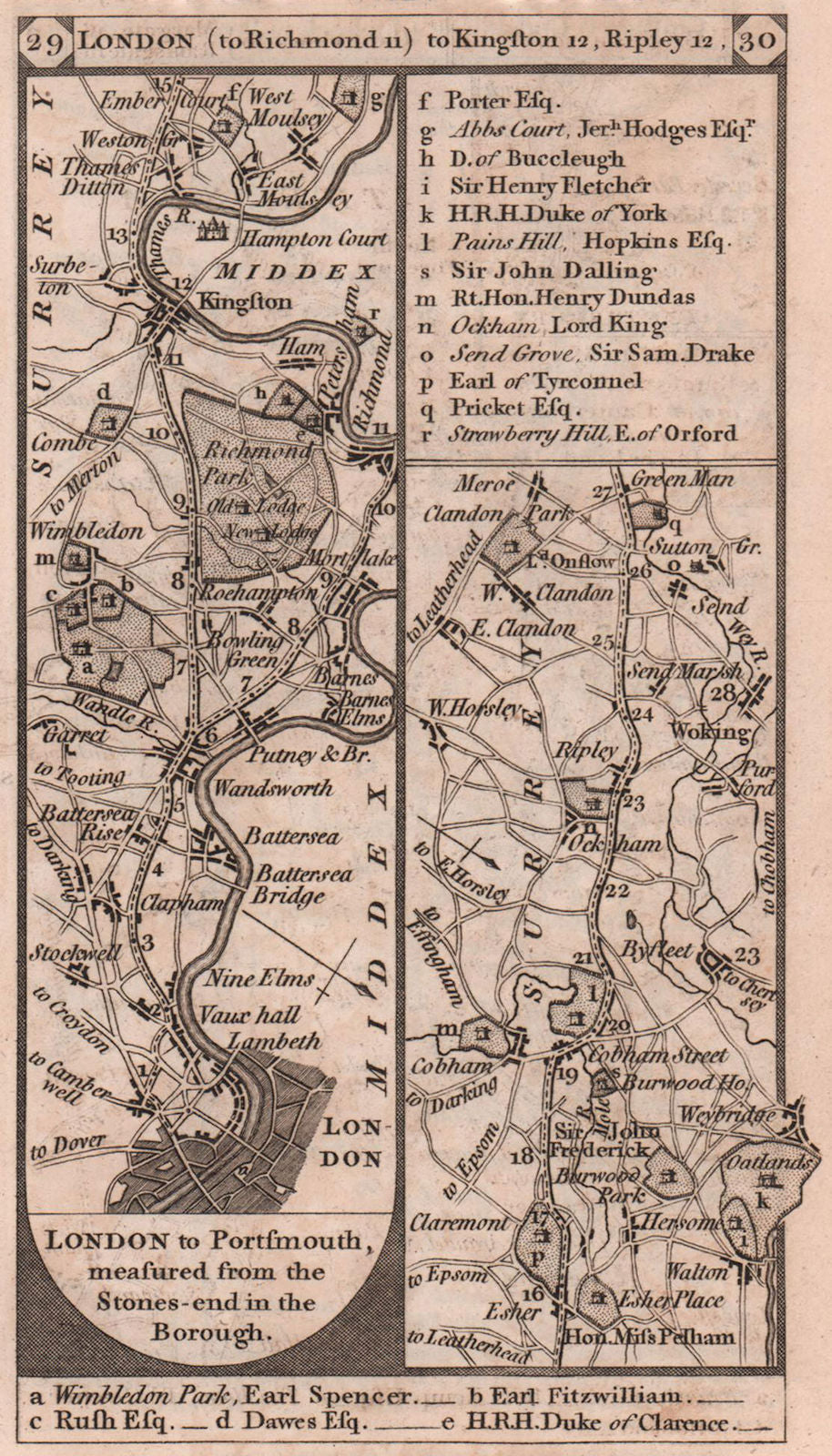 Battersea-Wandsworth-Kingston-Cobham-Woking road strip map PATERSON 1803